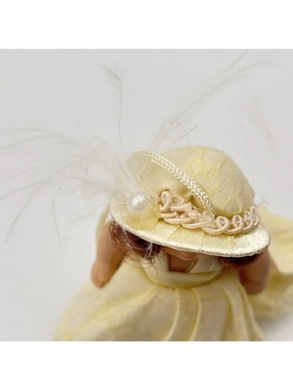 Miniature Porcelain Victorian Doll Christmas Ornament Cream Dress Beaded Hat 2”